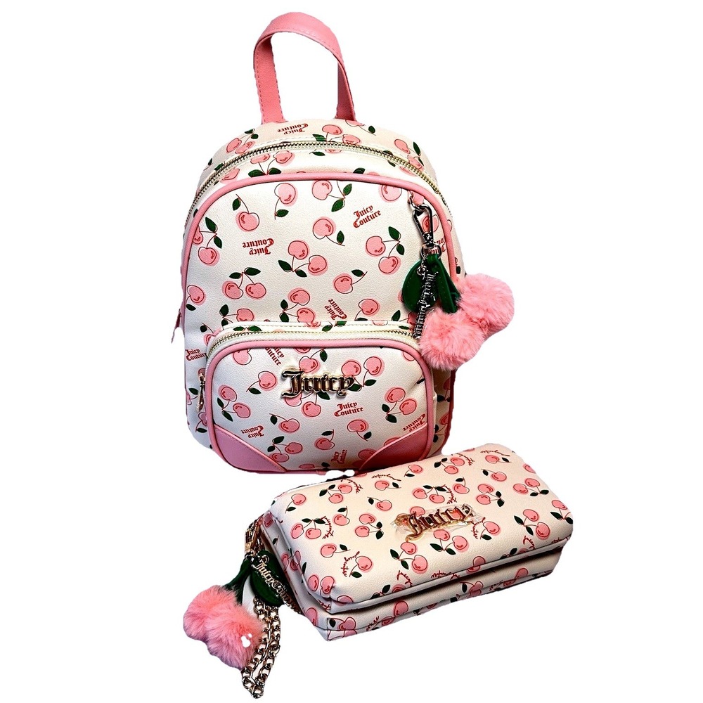 Juicy Couture Mini Backpack Wallet Bundle Women OS Pink Cherry Print New NWT